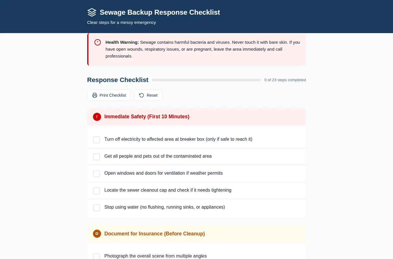 Screenshot of Sewage Backup Response Checklist interface showing the project page in use